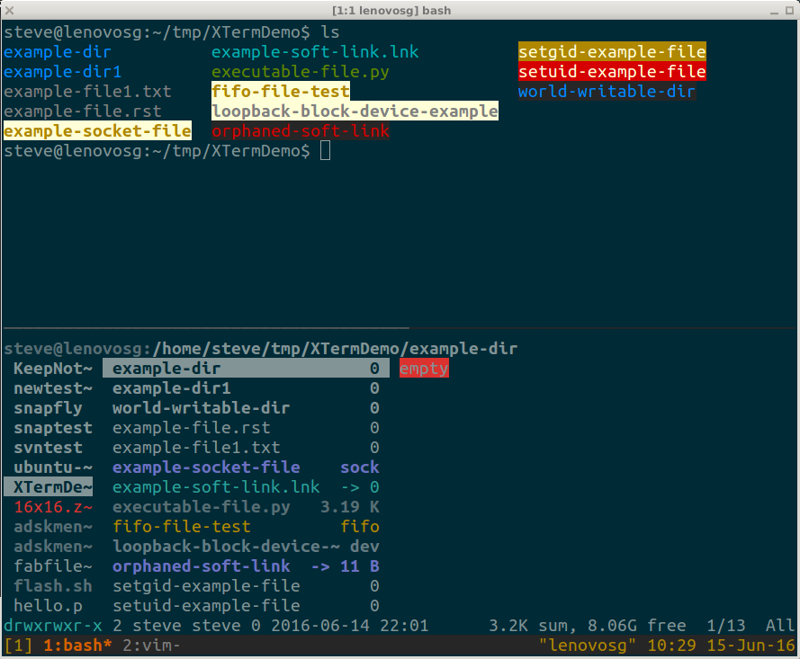 Solarized terminal theme, in an XTerm displaying ls and ranger