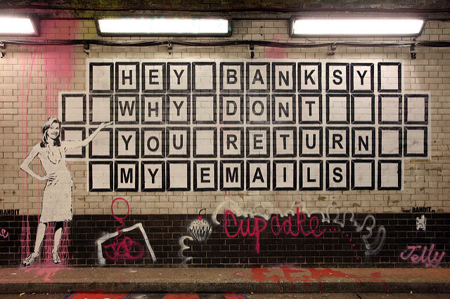 Graffiti asking Banksy to respond to emails