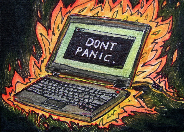 Artist Trading Card - "Don't panic" - flaming laptop