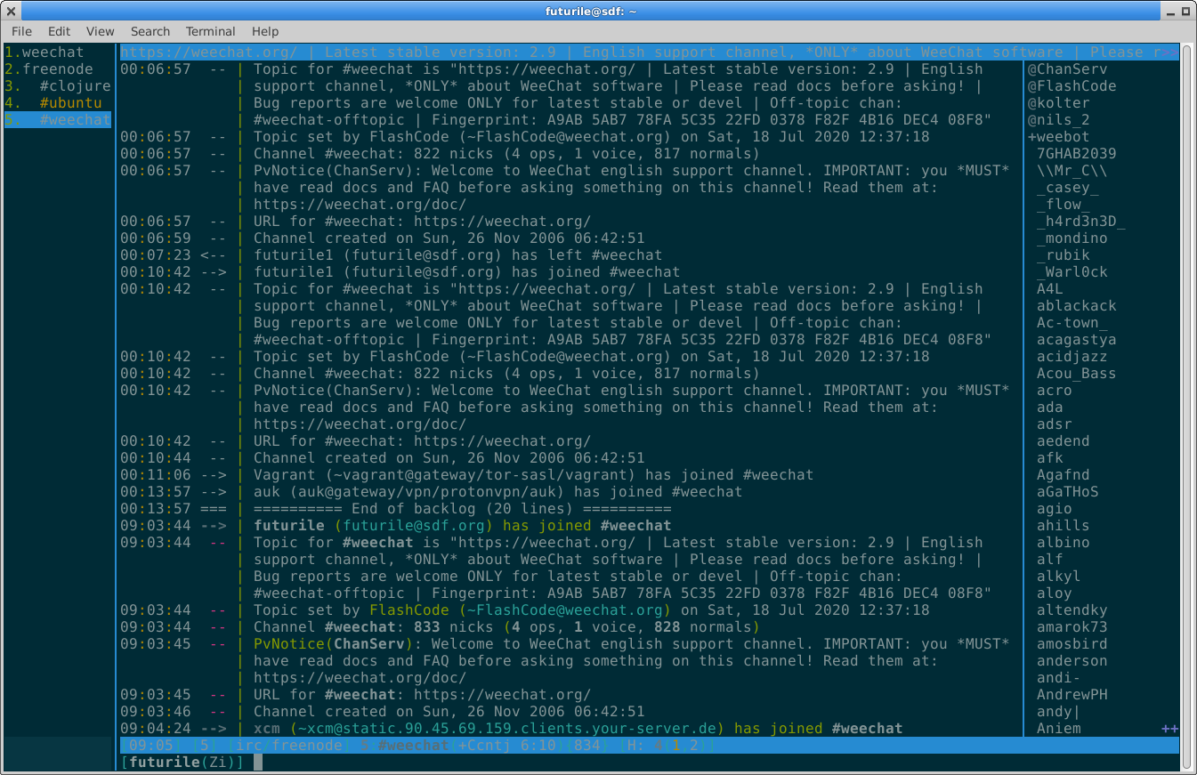 Weechat on the Freenode IRC network in the #clojure, #ubuntu and #weechat channels