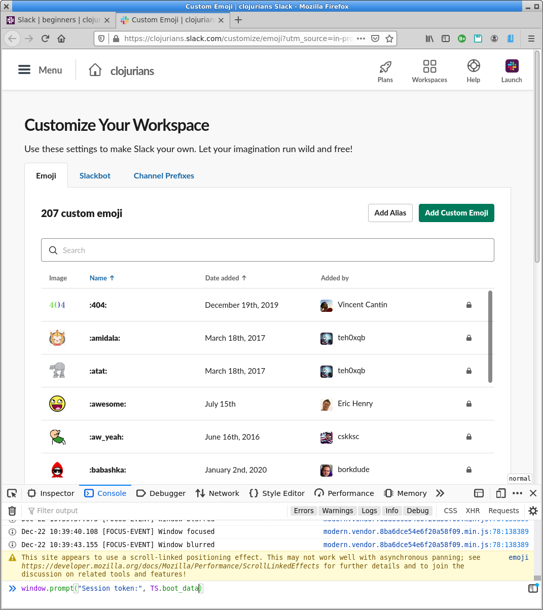 Firefox window with the developer console showing