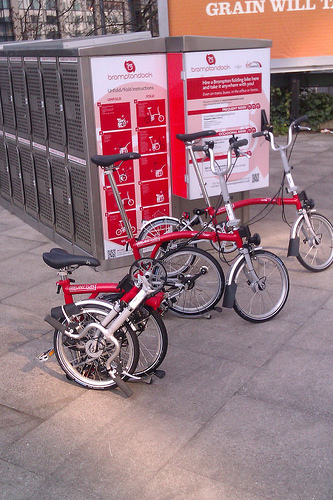 Brompton folding bikes for hire from Brompton dock outside Manchester train station